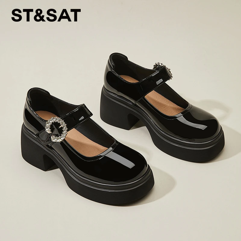 星期六真皮厚底玛丽珍鞋女秋季百搭黑色圆头乐福鞋一字带高跟单鞋
