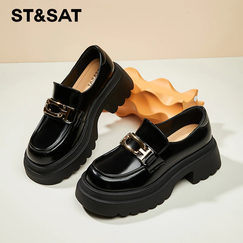 星期六真皮马衔扣小皮鞋女2025年秋季新款爆款百搭乐福鞋增高单鞋