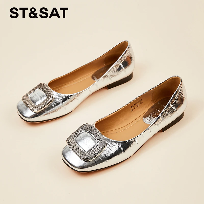 星期六银色小香风单鞋女2025新款低跟瓢鞋真皮软底方扣浅口小皮鞋