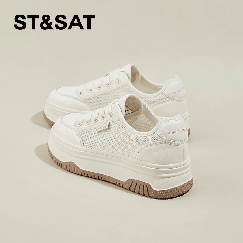 星期六厚底网面运动小白鞋女鞋子2025秋新款爆款单鞋系带休闲板鞋