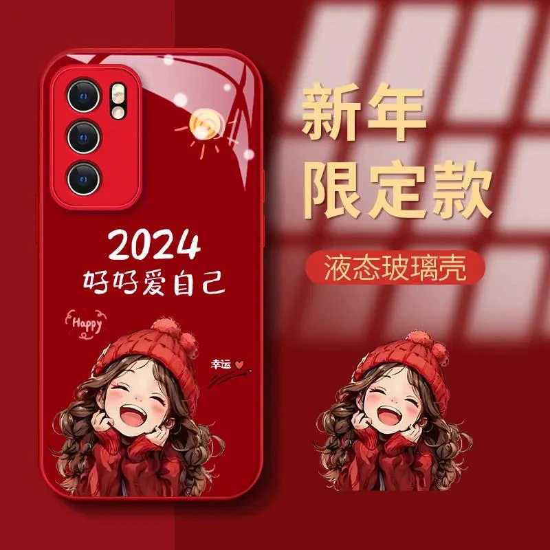 OPPOReno6Pro幸运女孩玻璃壳防摔保护套网红女款ins高颜值手机壳