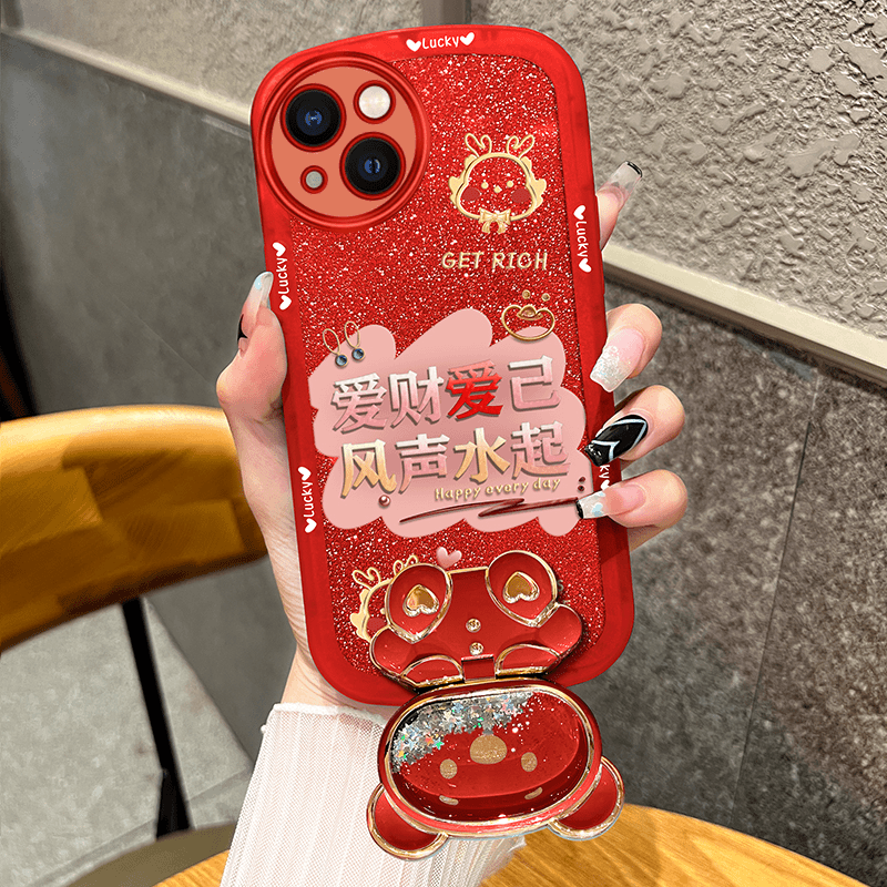 适用苹果14手机壳iphone14爱财爱己补妆镜支架透明硅胶新年款可爱