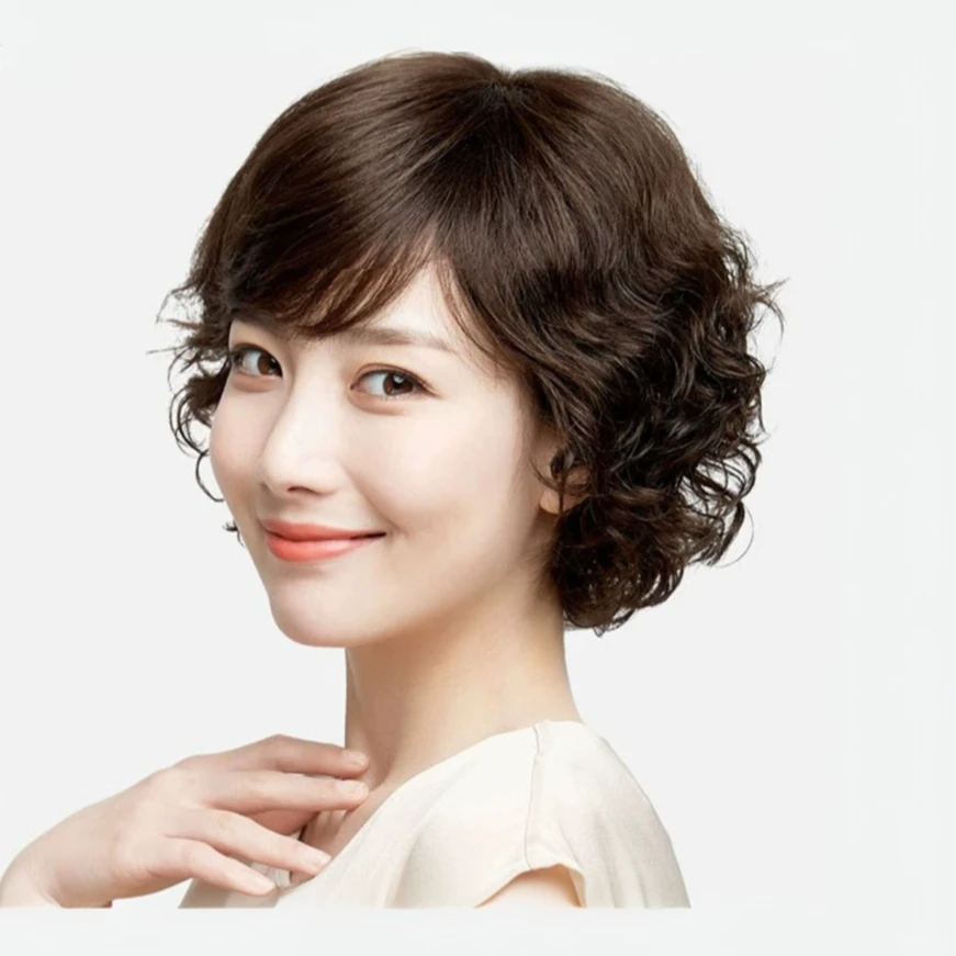 假发头套全真人发丝中老年短卷发假发套妈妈款全头套女士蓬松自然