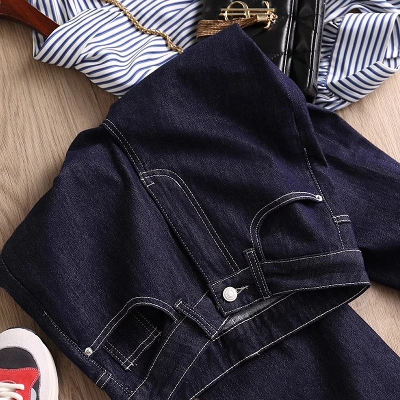 高腰深蓝色防褪色牛仔裤女白色明线显瘦高腰弹力宽松窄版阔腿直筒