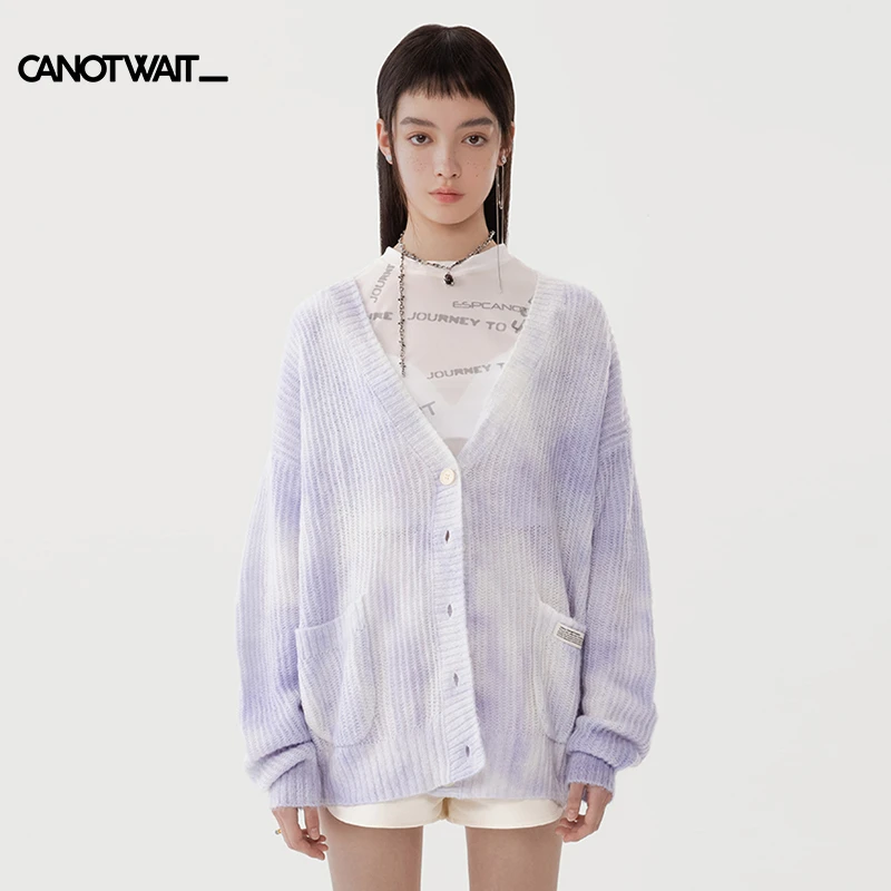 陈伟霆潮牌CANOTWAIT 联名款V领扎染口袋针织开衫V领百搭秋冬