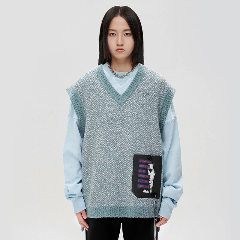 CANOTWAIT_陈伟霆CNW 口袋印花毛衣秋冬背心休闲宽松CWVS140C1U