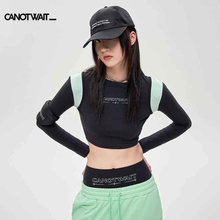 陈伟霆潮牌 CANOTWAIT  拼色紧身衣  显瘦短款运动打底户外修身
