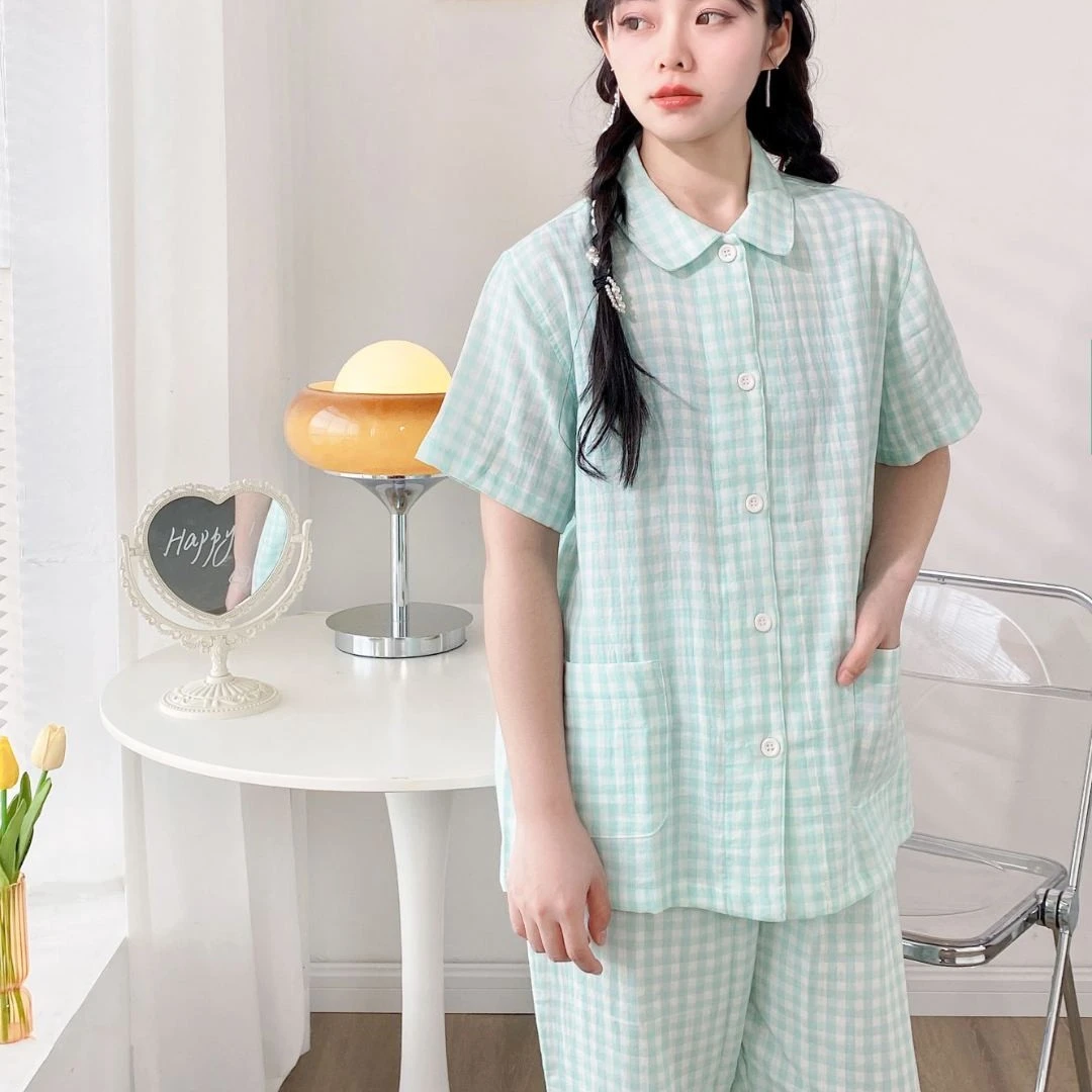 宜色家全棉夏款格子套装双层纱透气短袖情侣外穿家居服睡衣女套装