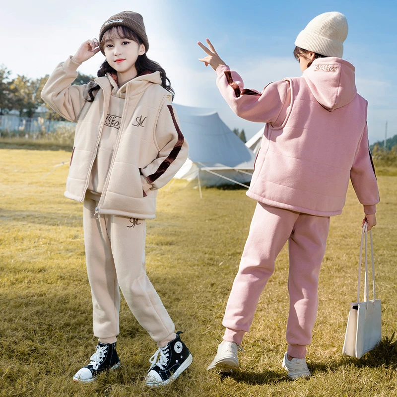 女童秋冬装加绒加厚夹棉三件套2024冬季新款中大童洋气免搭套装潮