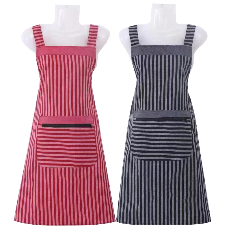 围裙高档条纹厨房做饭拉链网红透气背带时尚围腰棉布防污工作服