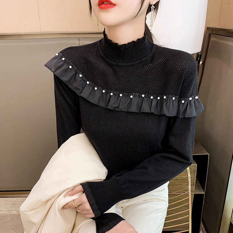 女士洋气镂空拼接套头针织衫2022春款气质荷叶边钉珠上衣女打底衫