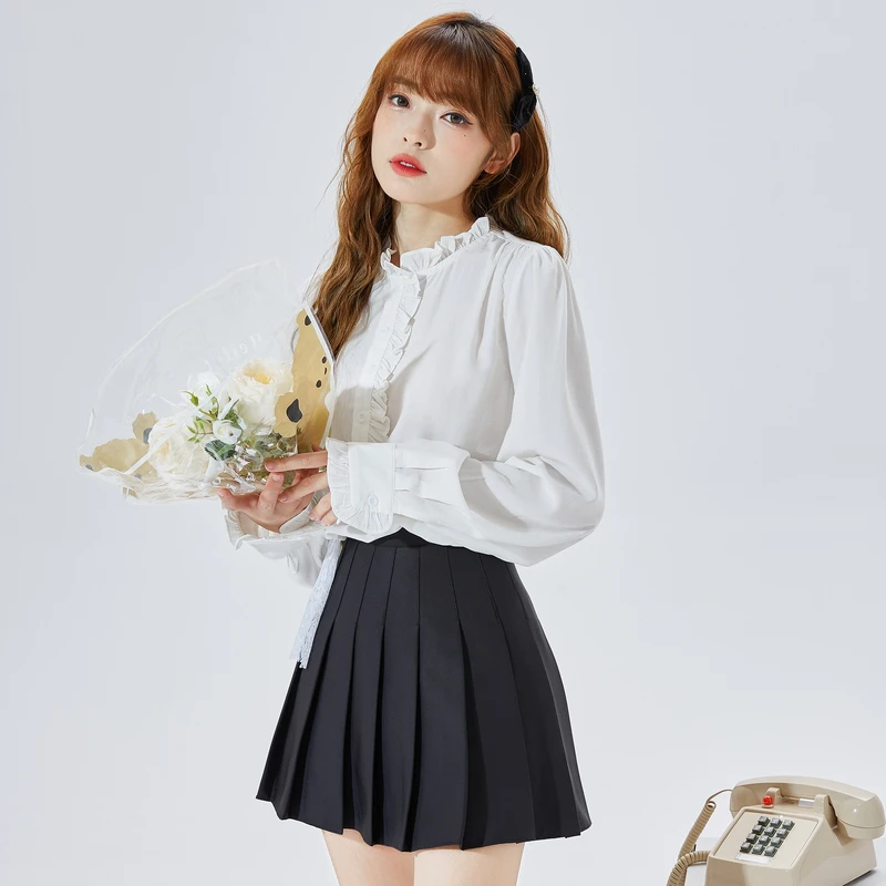 DB665   唐狮秋装新款女长袖衬衫花边领内搭白色雪纺别致上衣时尚