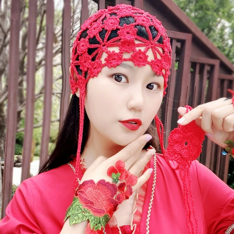 手工编织纯亚麻薄款透气针织女帽镂空帽包头帽辫子帽包头帽遮白发