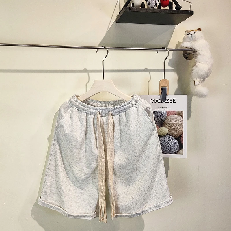 夏季简约纯色编织抽绳运动短裤男潮牌街头百搭宽松阔腿休闲五分裤