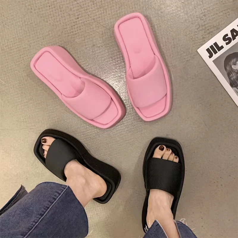 夏季小个子厚底松糕增高女拖鞋网红时尚方头女凉拖休闲网红女鞋