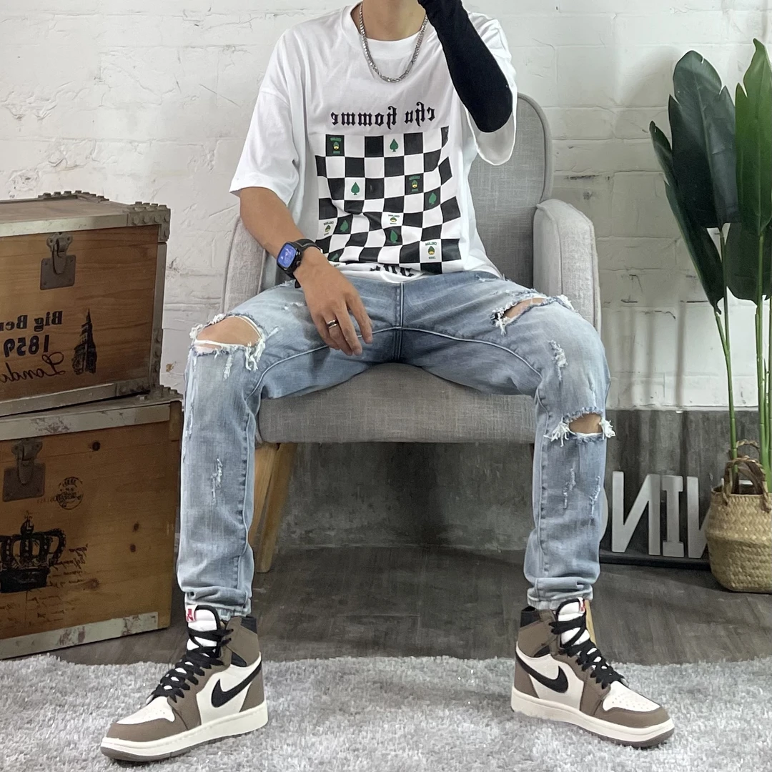 春夏季新品韩版水洗时尚百搭潮流男士修身高街破洞牛仔裤九分裤