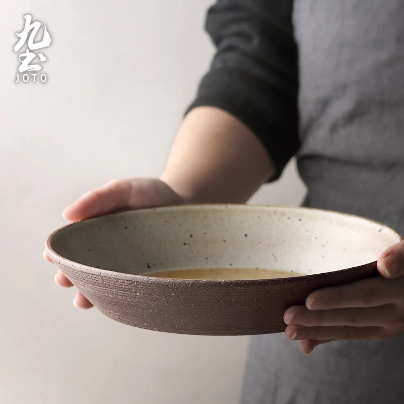 九土日式盘子手工粗陶复古盘餐具圆形平盘家用菜盘汤盘餐厅西餐盘