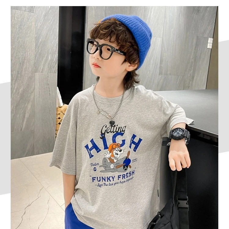 【HIGH卡通】精梳纯棉包边领夏季短袖T恤衫男童女宽松足码印花