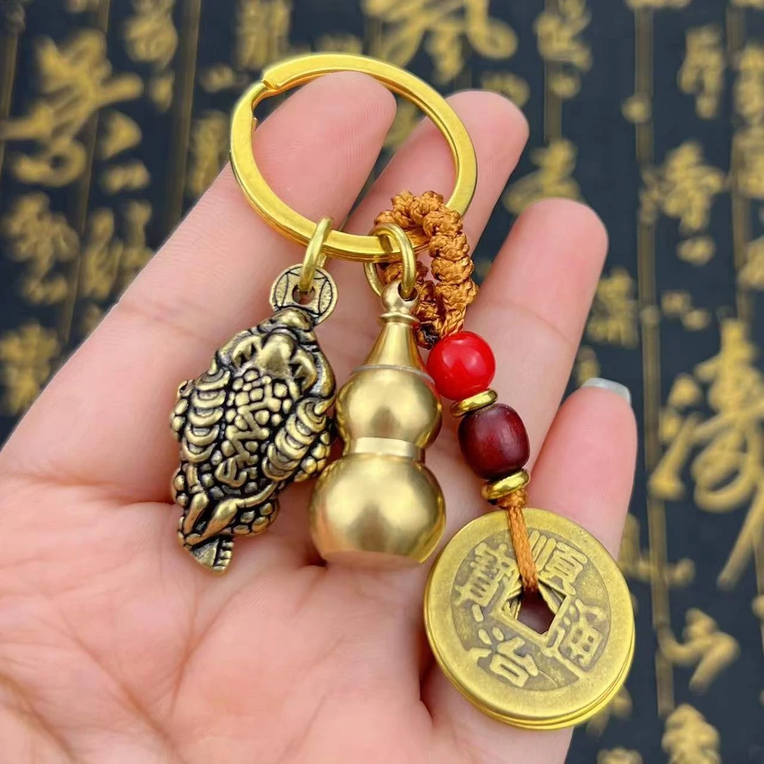 黄铜三足金蟾钥匙扣挂件五个钱空心葫芦金蟾创意挂饰随身吊坠