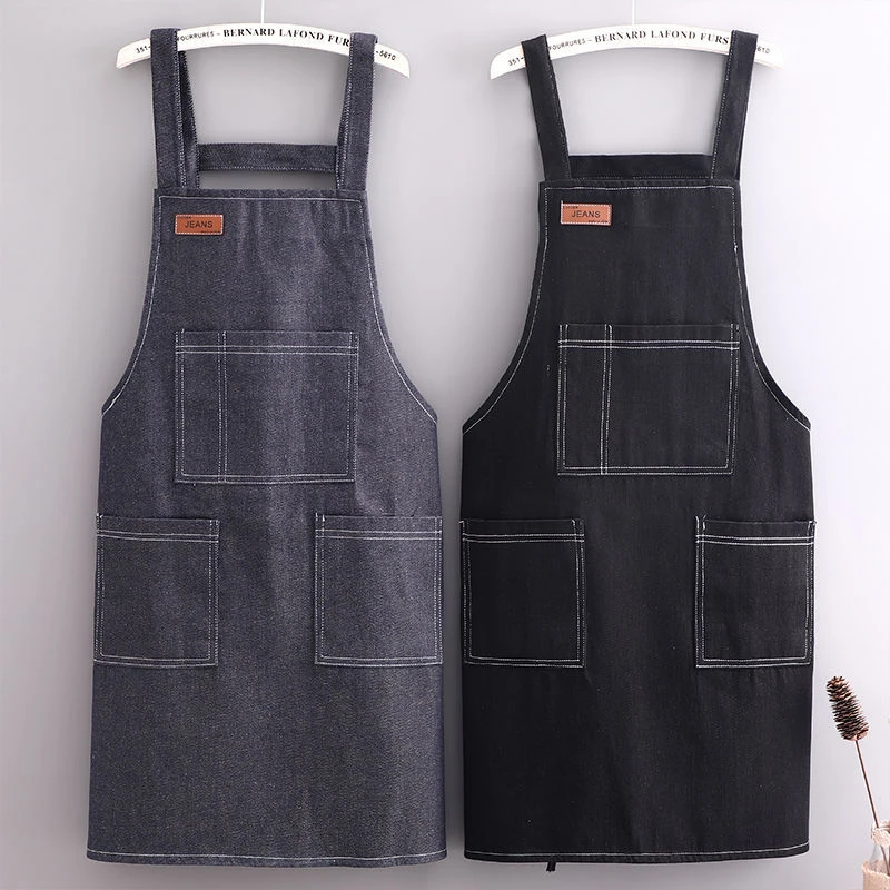 新款牛仔布围裙防污耐磨家用厨房透气背带围腰大人餐饮专用工作服