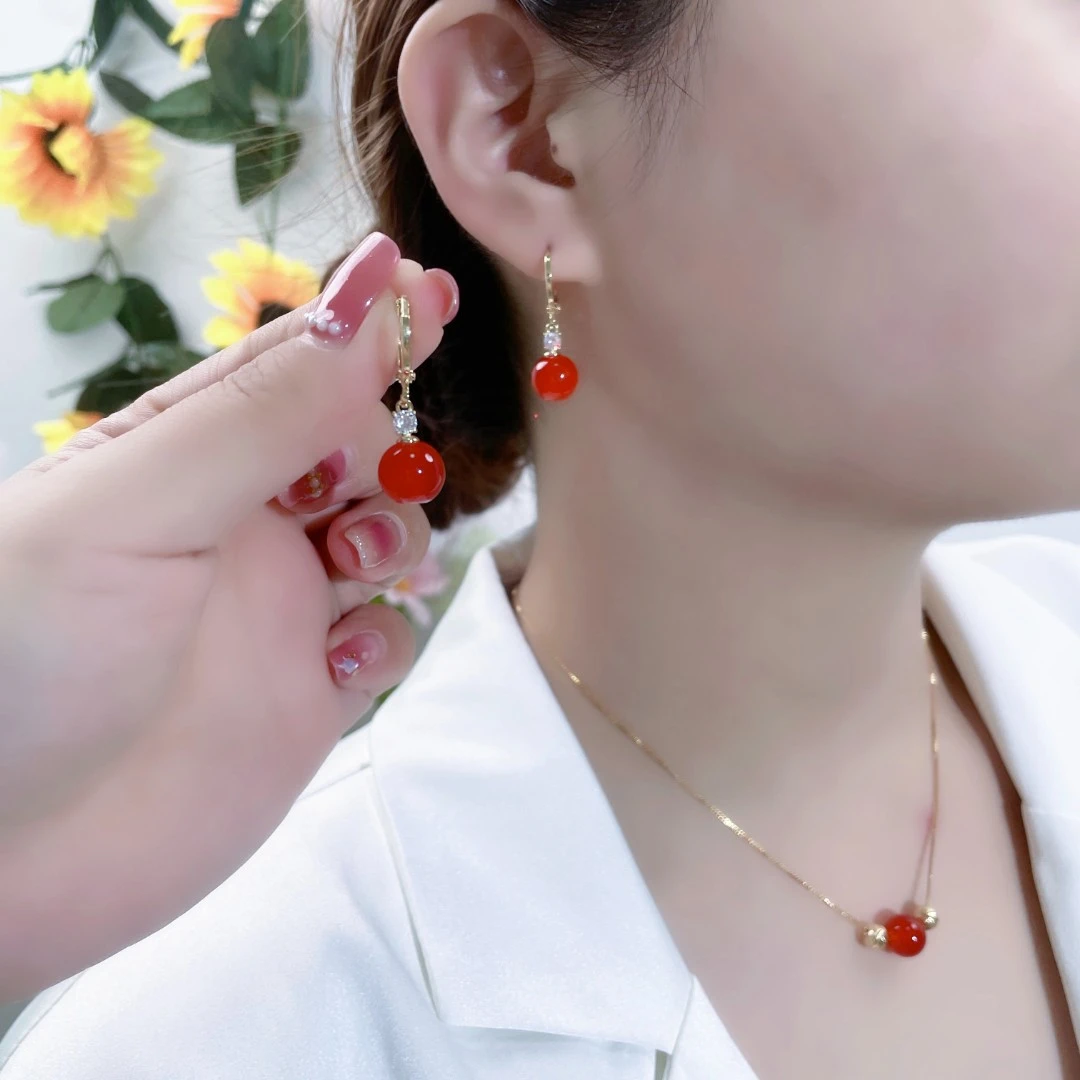 铜合金莫桑石耳饰 相思豆轻奢耳环潮流甜美气质时尚红色耳环020