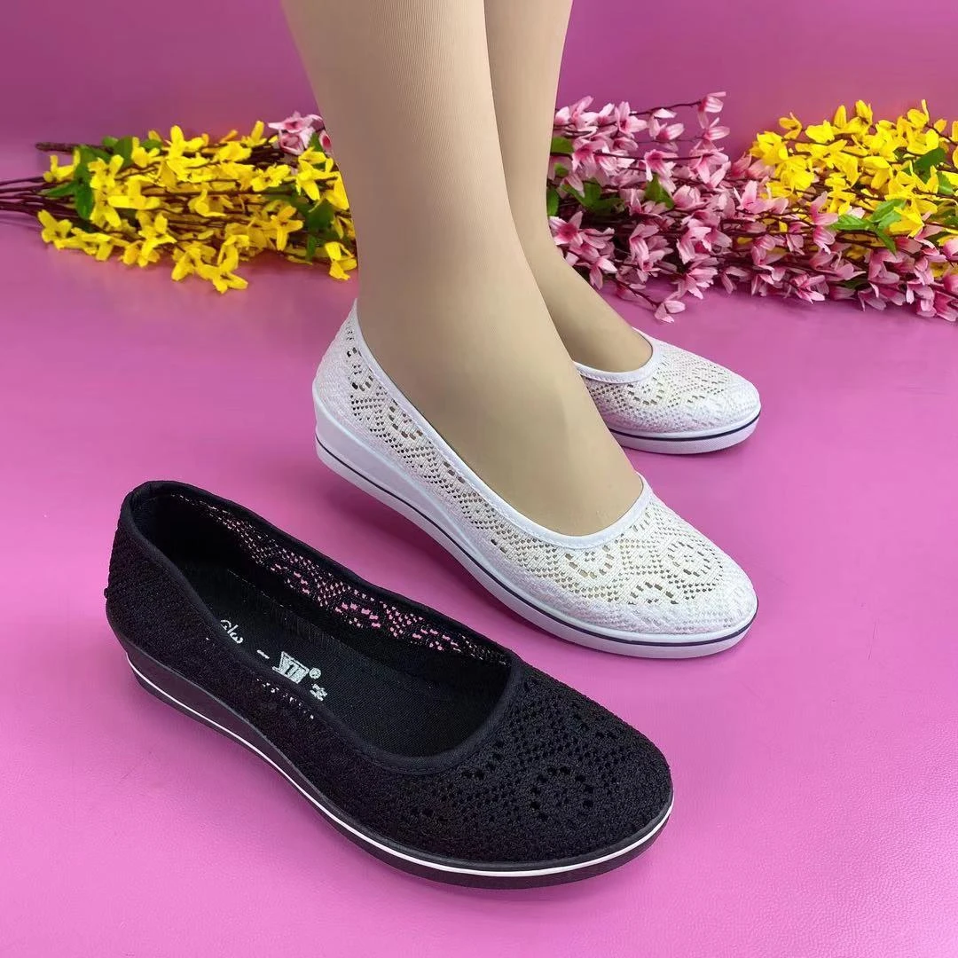 夏季浅口网面坡跟护士鞋软底防滑镂空透气轻便舒适中老年妈妈鞋