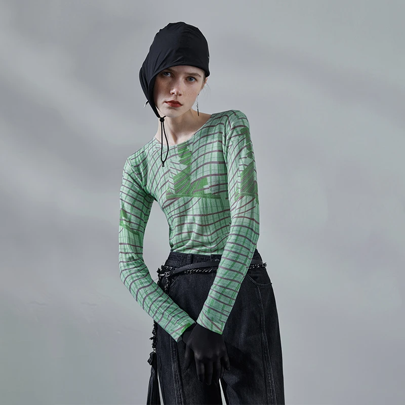 日着原创设计女装春秋格纹时尚羊毛圆领长袖T恤女打底衫 RA1202M0