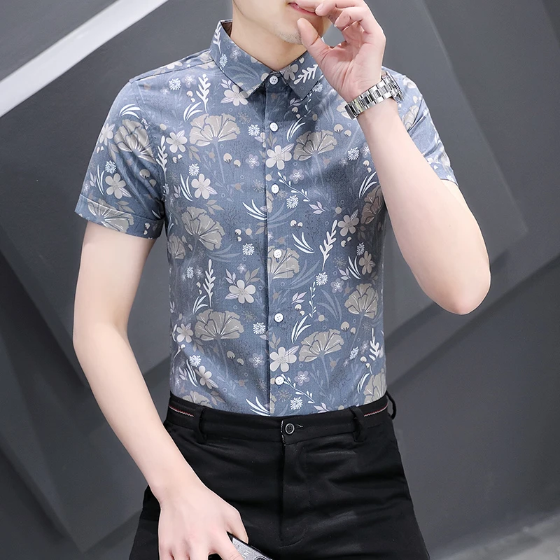 荷叶碎花衬衫男士韩版修身时尚印花短袖衬衣休闲男装薄款上衣痞帅