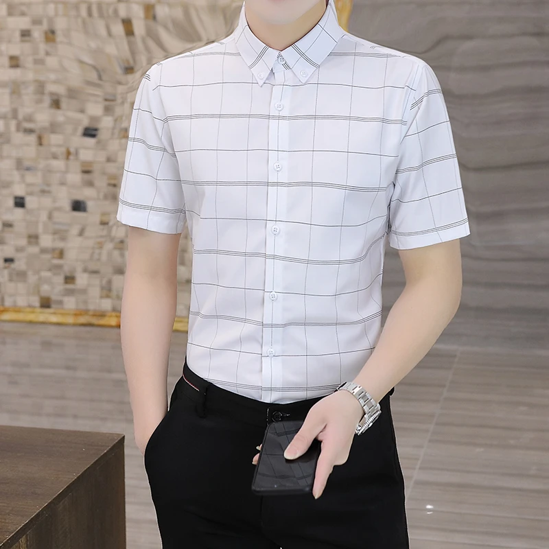 2022夏季短袖格纹衬衫抗皱免烫衬衣商务休闲格子短袖衬衣