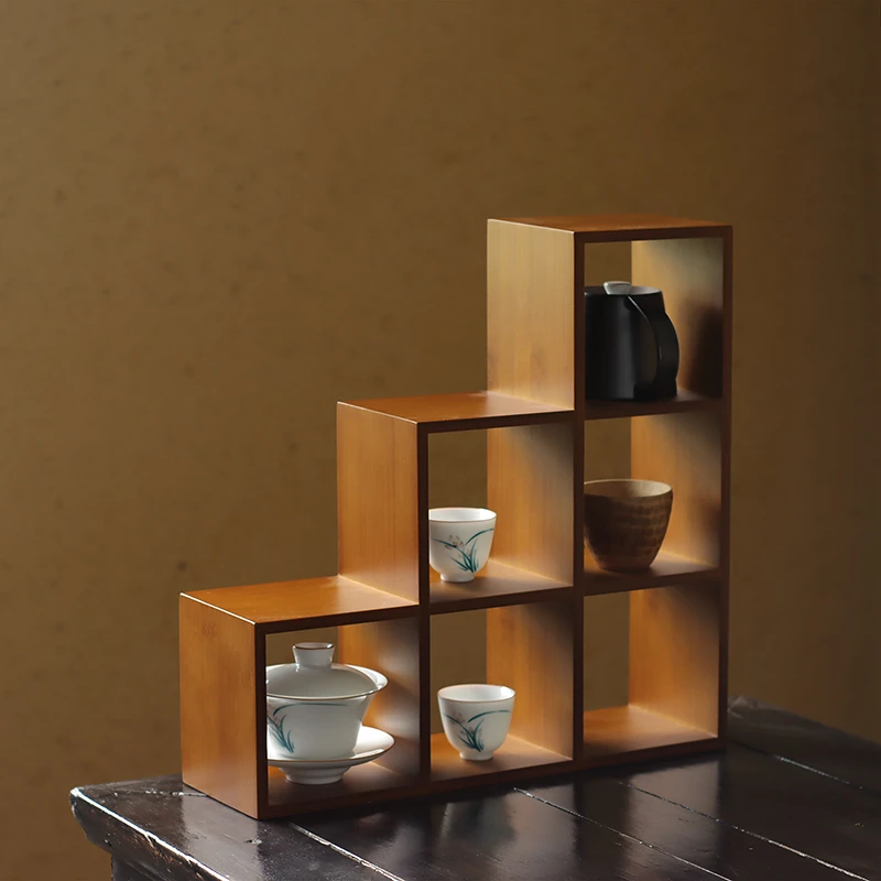 竹制茶道器具多宝阁茶壶茶杯收纳展示架 梯形置物架手工茶具家用