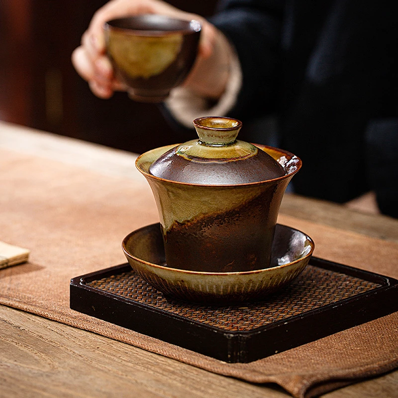 仿古柴烧三才盖碗140cc.180cc.200cc复古手工陶瓷粗陶