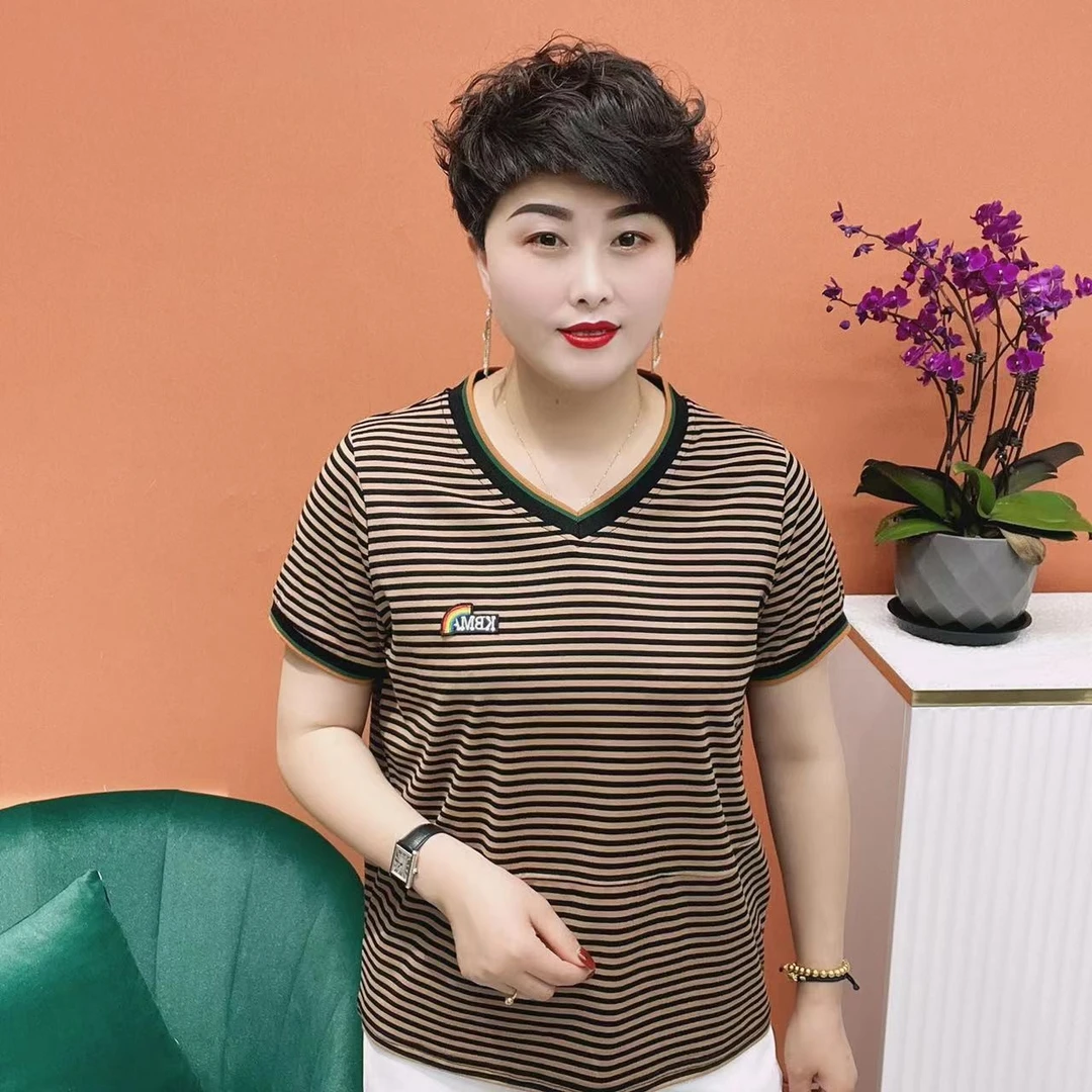 夏季经典洋气休闲时尚大码条纹短袖显瘦中年中老年百搭宽松妈妈装