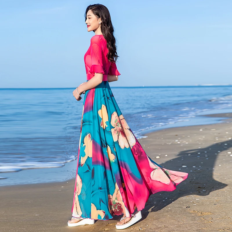 夏季印花雪纺v领套头高腰沙滩长裙通勤简约风连衣裙