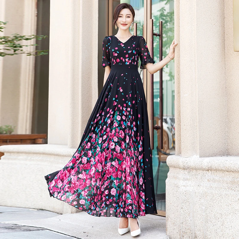 香衣丽华夏季长款V领过膝印花连衣裙修身显瘦气质大摆沙滩裙