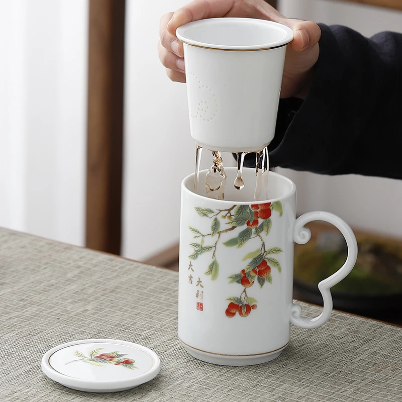 德化茶杯茶水分离陶瓷办公室带盖泡茶过滤男女专用杯子定制logo
