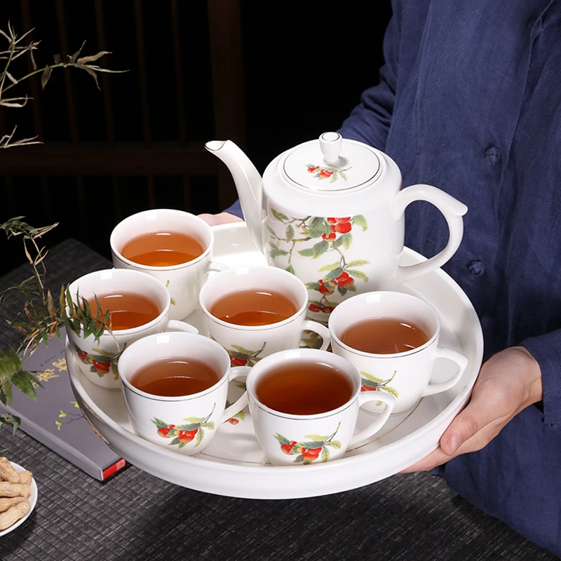 德化白陶瓷中式功夫茶具大容量茶壶家用套装有耳办公会客茶杯带盖