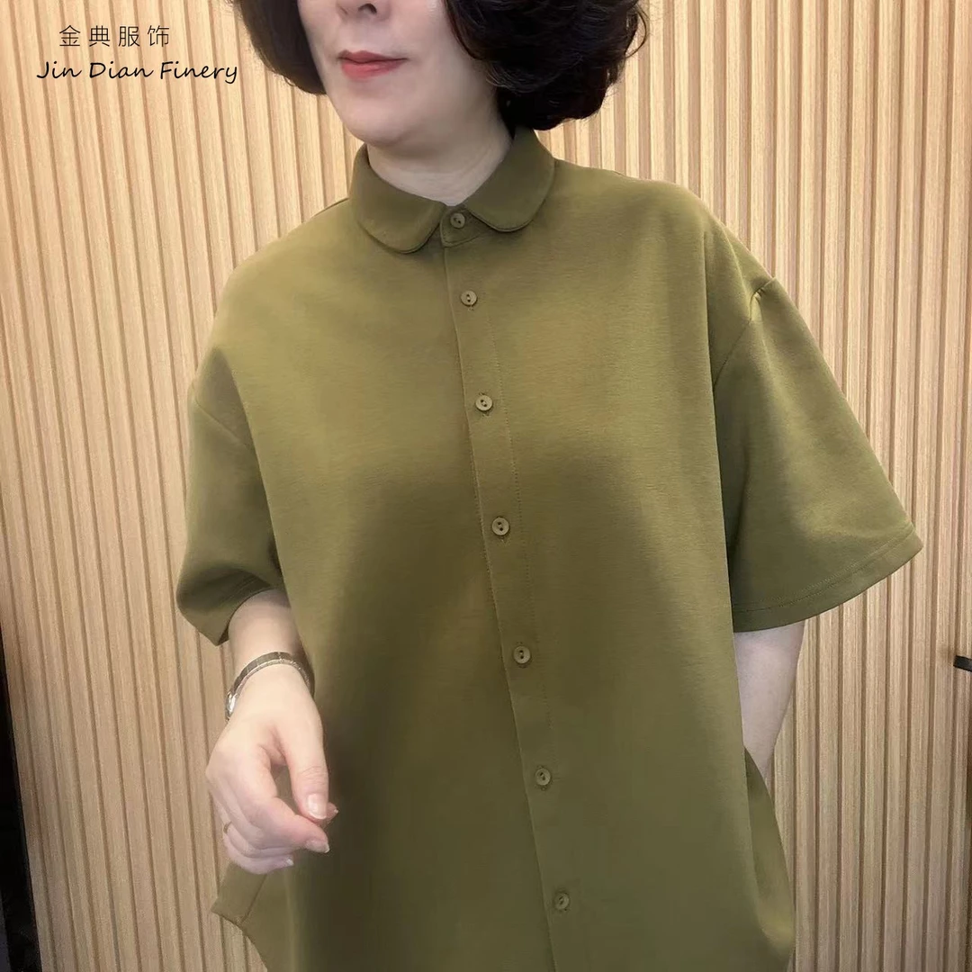 减龄小翻领单排扣短袖上衣女 文艺翻领前短后长设计百搭上衣039