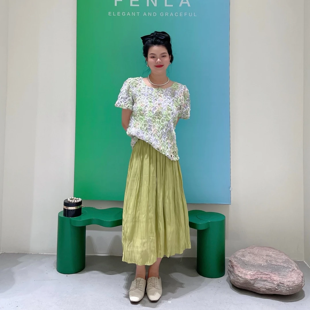【惠姐私服】夏季高腰时尚气质系结森系文艺褶皱长款半身裙 69899