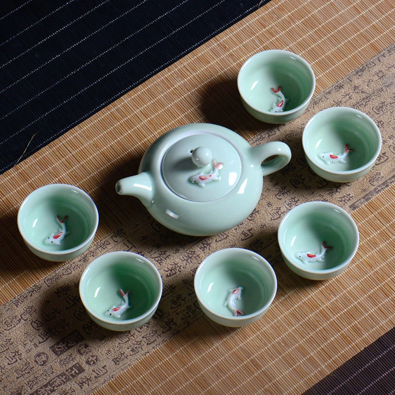 青瓷功夫中式茶具套装陶瓷盖碗茶壶茶杯公道杯鲤鱼家用商务简约装