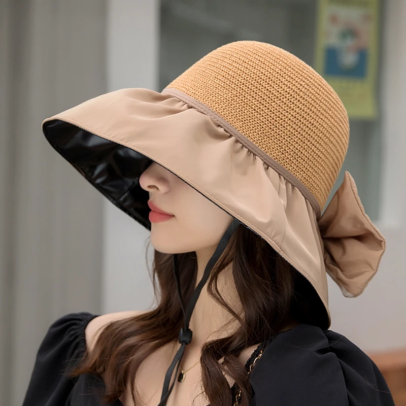 Mr.evil 显脸小黑胶透气镂空太阳帽防紫外线淑女款蝴蝶结渔夫帽子