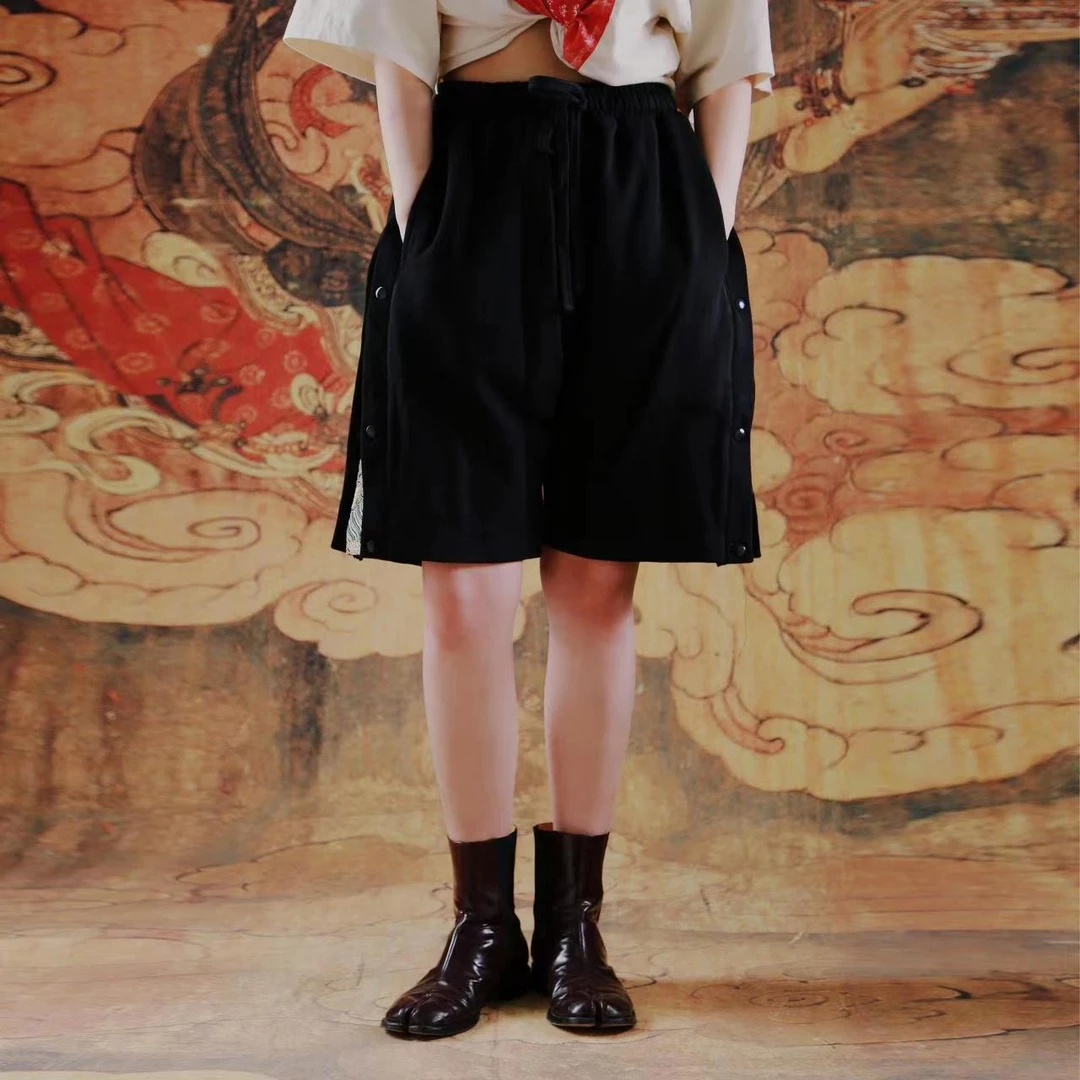 三省六部夏季西阵织拼接侧边排扣运动中国风百搭宽松休闲中裤