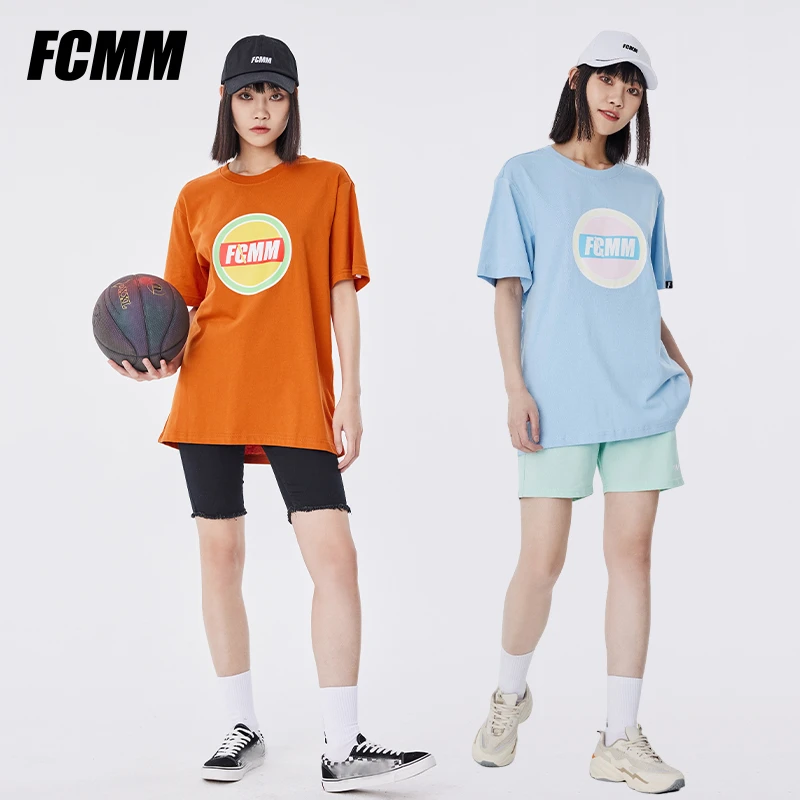 FCMM夏季撞色飞盘印花舒适T恤宽松糖果色男女短袖上衣纯棉FC-2305