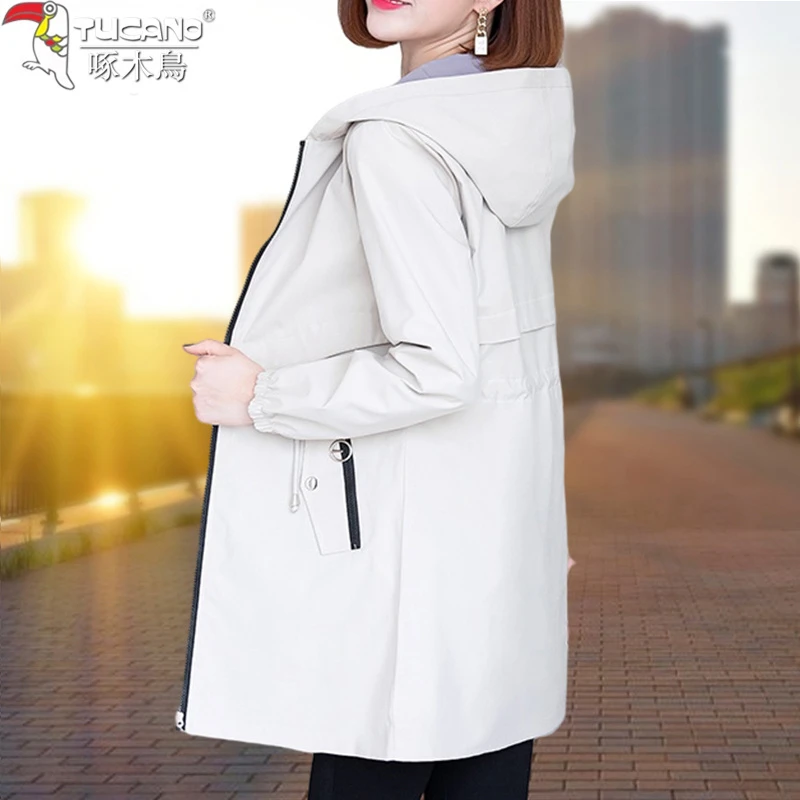 【官方品牌】啄木鸟双面穿风衣女款春秋季连帽中长款2025年新款外套