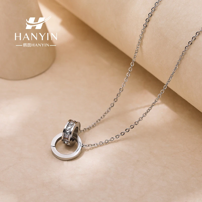 HANYIN/韩茵 钛钢项链 简约气质罗马数字双环百搭项链
