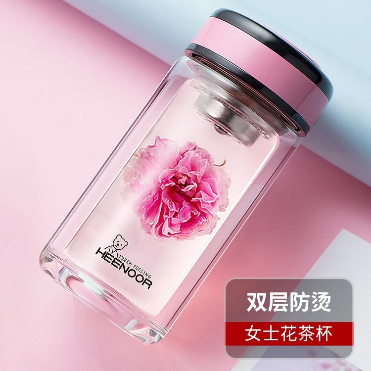 希诺双层小巧清新可爱玻璃杯花茶水杯便携简约泡茶杯子女士隔热