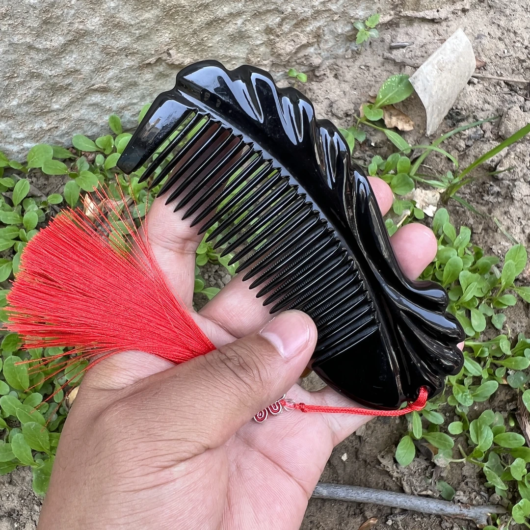 枫叶  金鱼款黑水牛角梳精品齿梳黑色家用高档