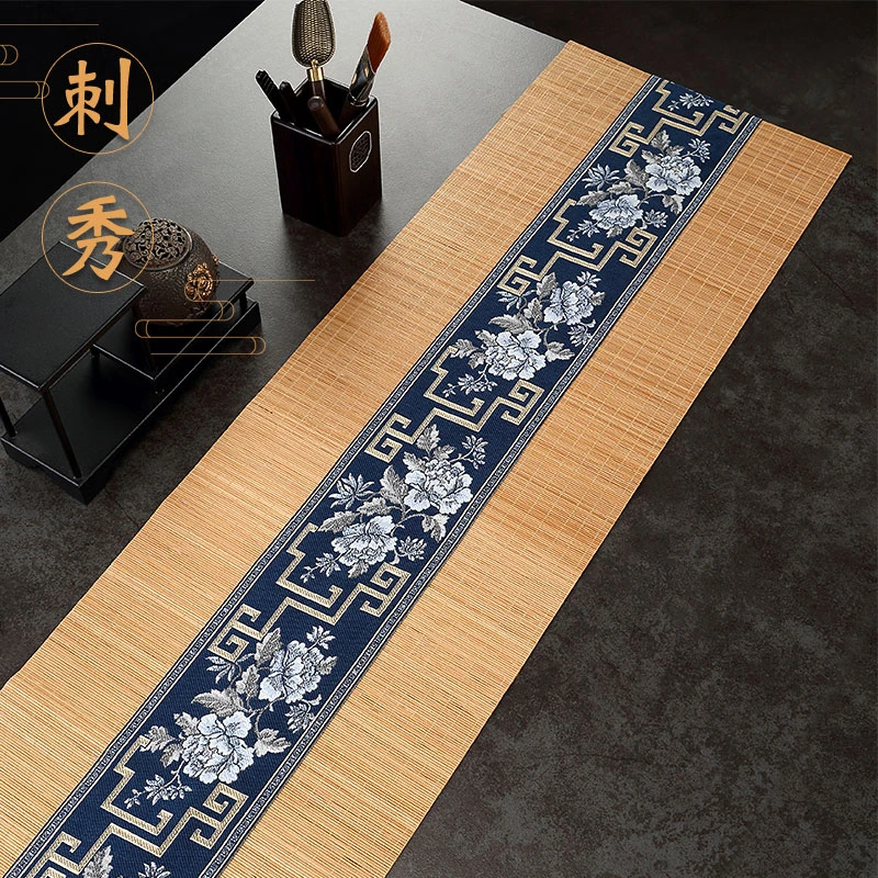 牡丹花剌子秀茶席竹席茶盘垫防水茶具垫子日式禅意桌旗茶台茶桌席