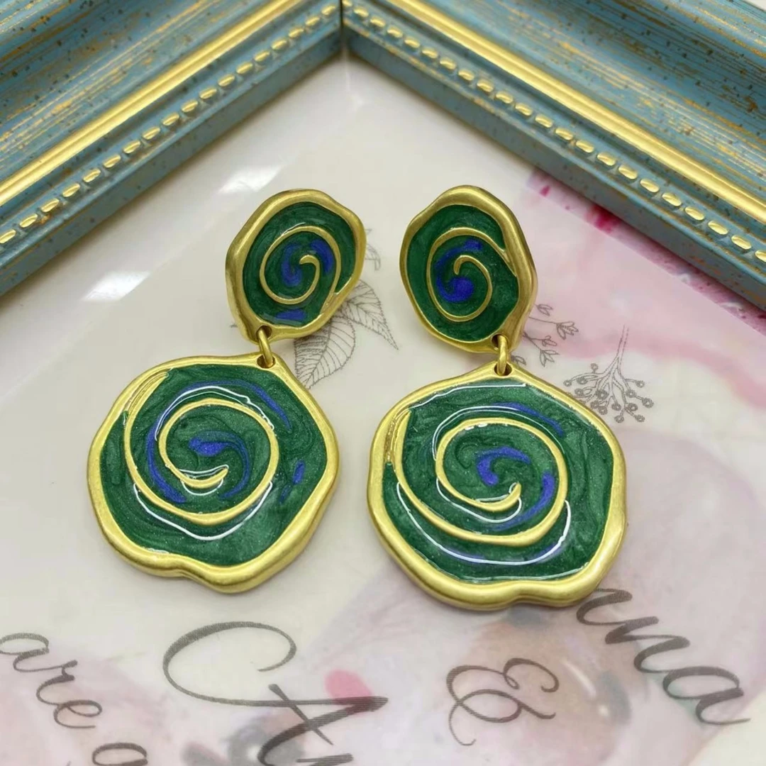 铜合金珐琅耳饰 艾森饰复古珐琅彩双螺纹滴釉耳钉