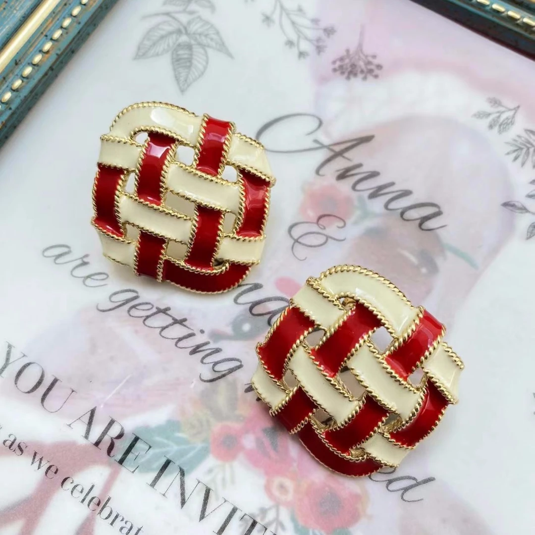 锌合金珐琅耳饰 艾森饰复古珐琅彩菱形编织款滴釉耳钉