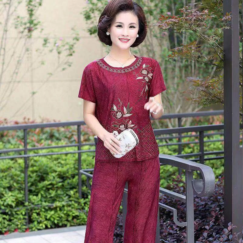 妈妈装中老年女装夏季大码宽松冰丝套装夏装中长款洋气七分裤M22